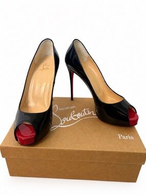 Christian Louboutin Black Patent Peep-Toe Pumps with Red Accents